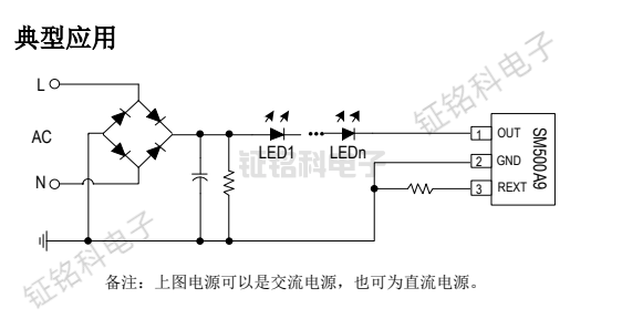 LED燈帶專(zhuān)用驅(qū)動(dòng)芯片SM500A9 輸出電流 45mA(圖1) SM500A9典型應(yīng)用.png