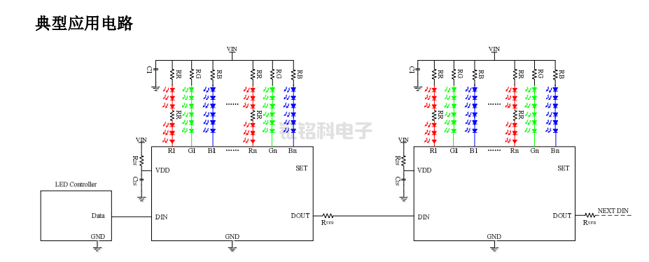 SM16709P單線傳輸9通道LED驅(qū)動(dòng)控制專用芯片 輸出恒流值17mA(圖1) SM16709P典型應(yīng)用電路.png